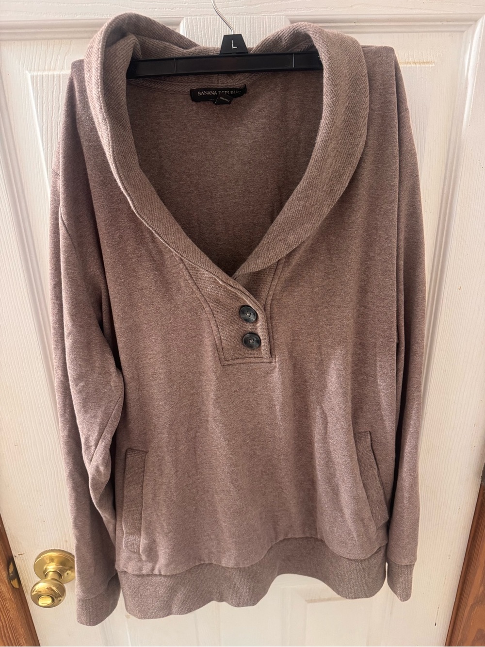 Banana Republic Taupe Shawl-Collar Pullover with Button Placket